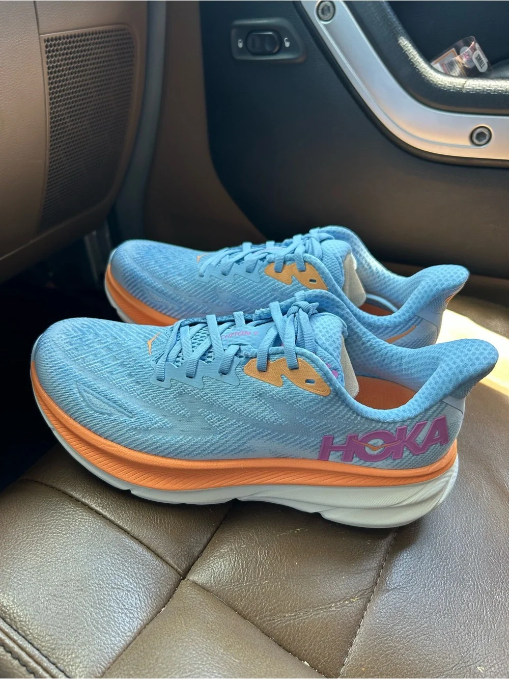 Hokas Light Blue and Peach Women's Running Shoes